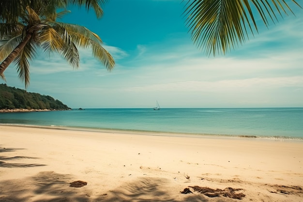 Una playa con un velero a lo lejos.