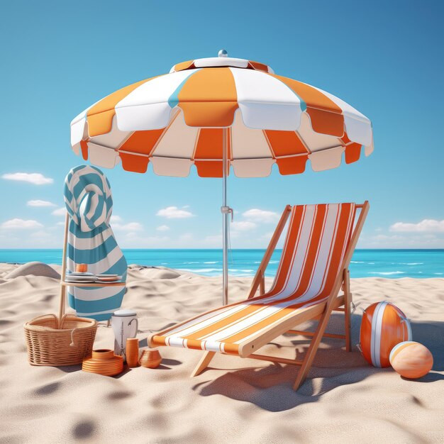 playa de verano con accesorio de viaje 3d render maleta 3d ilustración