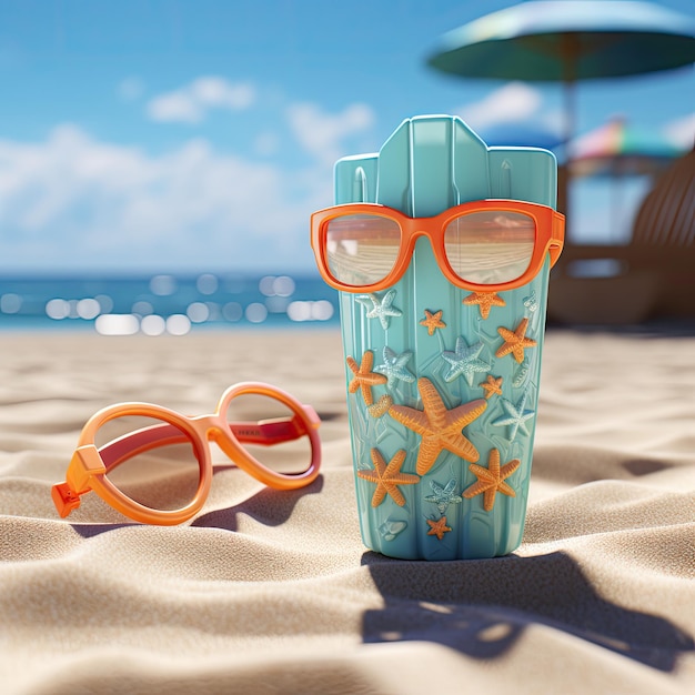 playa de verano con accesorio de viaje 3d render maleta 3d ilustración