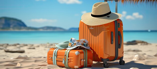 playa de verano con accesorio de viaje 3d render maleta 3d ilustración