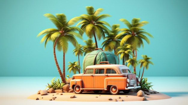 playa de verano con accesorio de viaje 3d render maleta 3d ilustración