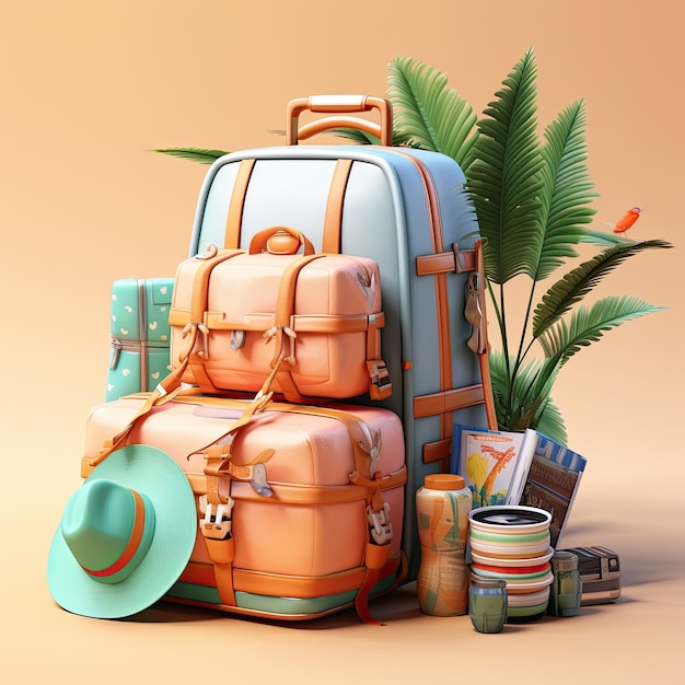 playa de verano con accesorio de viaje 3d render maleta 3d ilustración