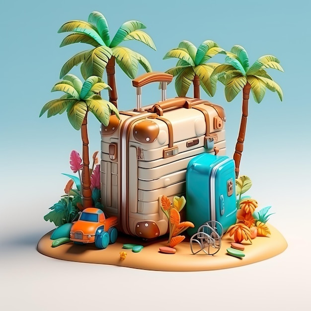 playa de verano con accesorio de viaje 3d render maleta 3d ilustración