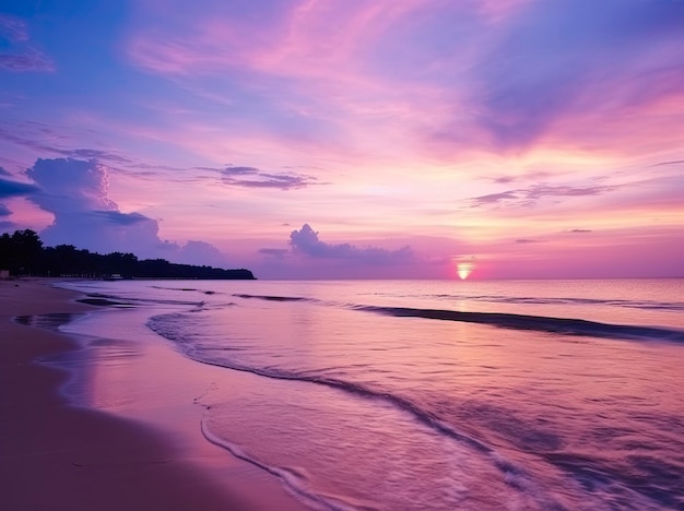 Playa de verano con agua azul y cielo morado al atardecer