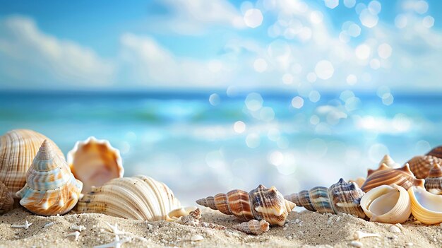 Playa de verano y conchas con mar azul borroso y cielo