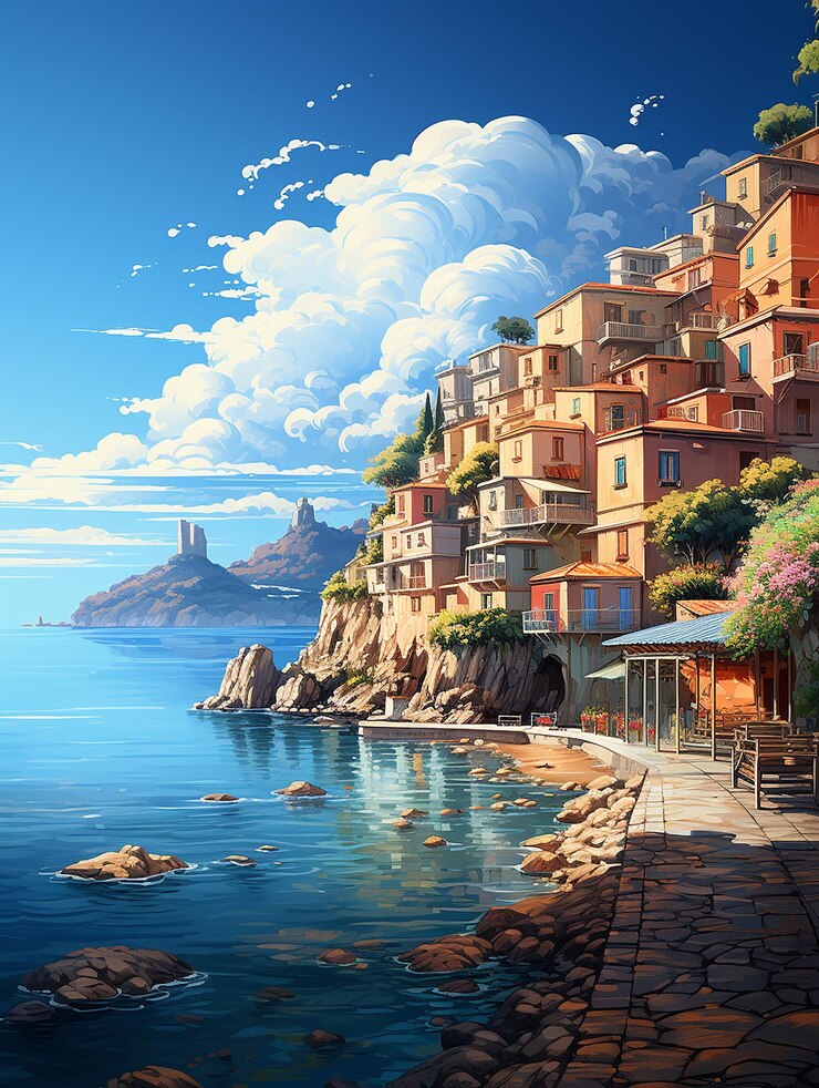 Playa de verano en un fondo degradado de ciudad pequeña