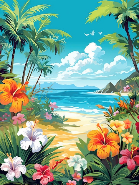 Playa de verano con palmeras y flores tropicales.