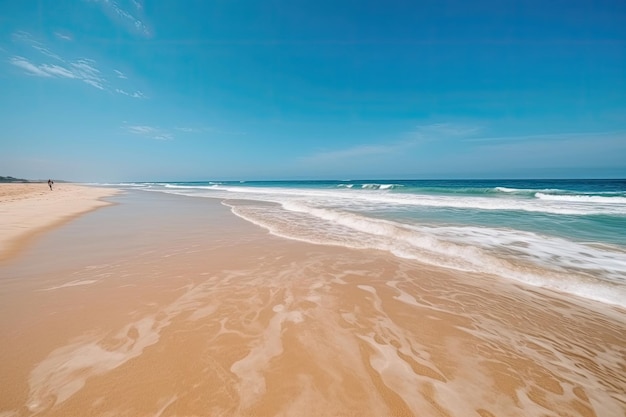 Playa de verano tropical con arena dorada océano turquesa y cielo azul con nubes blancas en un día soleado brillante Ilustración generativa de IA