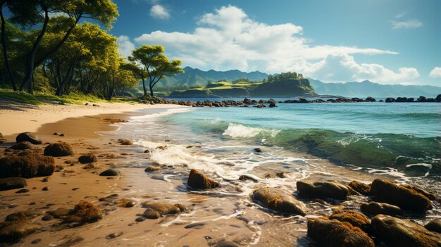 Una playa con vista al mar en la montaña.