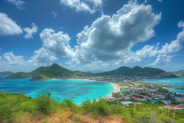 Una playa con una vista de una ciudad y una montaña en el fondo