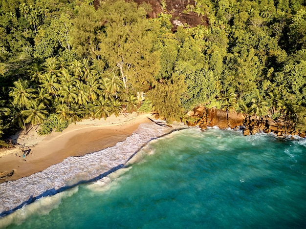 Playa en la vista superior aérea de Seychelles