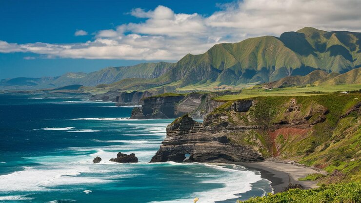 una playa con vistas al océano y las montañas