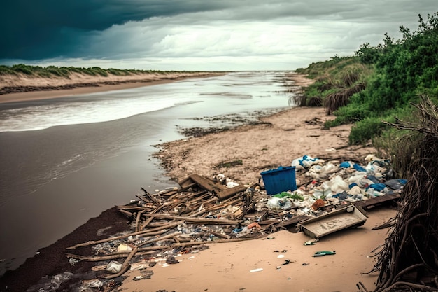 Playas con desechos de basura y desechos peligrosos arrastrados a tierra desde el río cercano