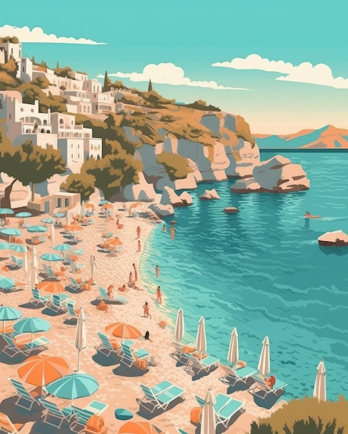 Las playas de Santorini ofrecen felicidad turquesa Ilustración Generativa AI