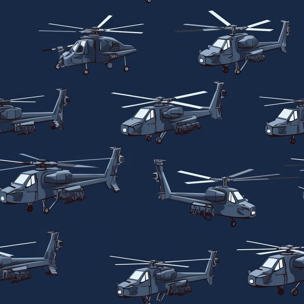 Playful Naval Skies 5 helicópteros Apache em estilo de desenho animado de vetor plano contra uma tela azul da Marinha