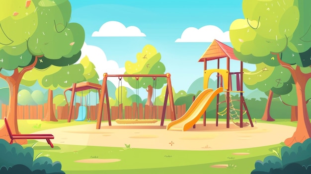 playground área de crianças vazias sandbox escorregadores balanços playground para crianças em condições ensolaradas parque quintal jardim de infância ilustração moderna de desenho animado