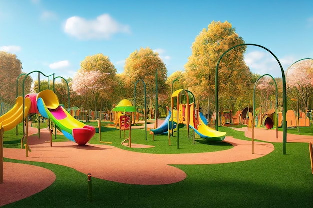 Playground com carrosséis e slides e balanços em um gramado verde sob um céu azul com ilustração 3d de nuvens brancas