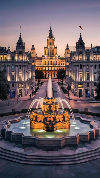 Plaza de Cibeles en el anochecer de Madrid