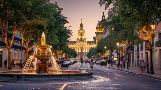 Foto plaza de cibeles en el anochecer de verano en madrid