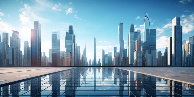 Plaza de la ciudad y horizonte con edificios modernos en la mañana Provincia de Nueva York americana