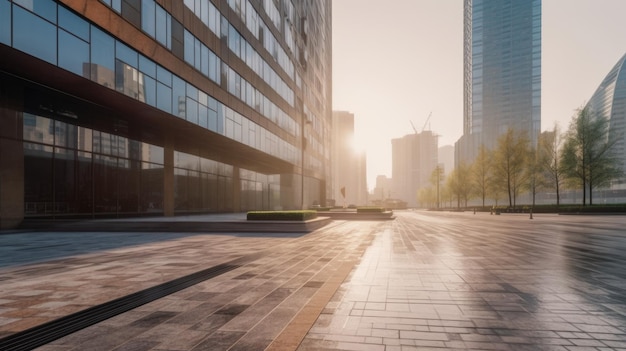 Plaza de la ciudad vacía con piso de concreto frente a edificios de oficinas IA generativa AIG21