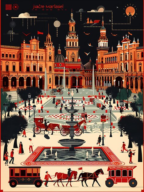 La Plaza de España de Sevilla con una impresionante escena callejera adornada con un collage de contraste