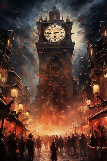 una plaza llena de gente una gran torre del reloj es el telón de fondo como fuegos artificiales explotan por encima