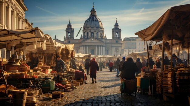 La plaza del mercado romano llena de vendedores con la gran basílica como telón de fondo