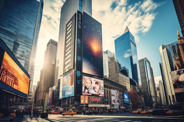 Foto plaza con teatros de broadway y un gran número de señales led es un símbolo de la ciudad de nueva york y los estados unidos famoso punto de referencia de times square en el centro de nueva york con simulacro de ia generado