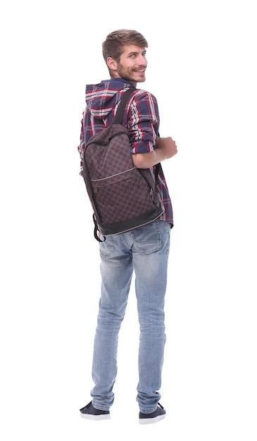 Foto en pleno crecimiento guapo estudiante varón con una bolsa aislada sobre fondo blanco.