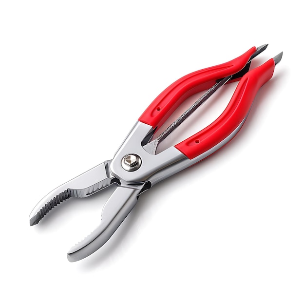 Pliers com alça de borracha vermelha e pontas de metal prateado uma ferramenta U isolado limpo em branco BG Itens Design