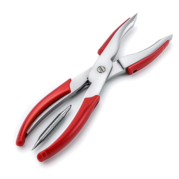 Pliers con mango de goma roja y puntas de metal plateado una herramienta U aislado limpio en blanco BG Diseño de artículos