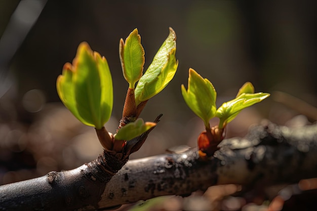 Plötzlicher Ansturm von Aktivität und Wachstum in einem Blatt mit neuen Trieben, die für den Frühling sprießen