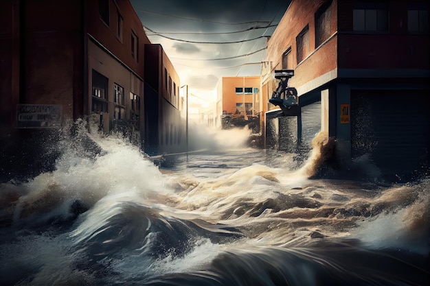 Plötzlicher Zufluss von Abwasser in die Straße mit rauschendem Wasser und aufgewühltem Schutt unter der Oberfläche