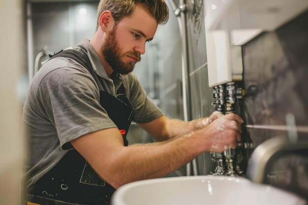 Foto plomero masculino trabaja en un baño servicio de reparación de tuberías ensamblar e instalar concepto