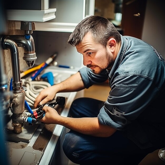 Foto plomero profesional en el baño moderno