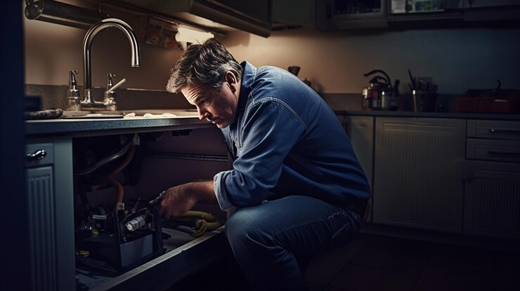 Plomero reparando un fregadero en una cocina generativa ai