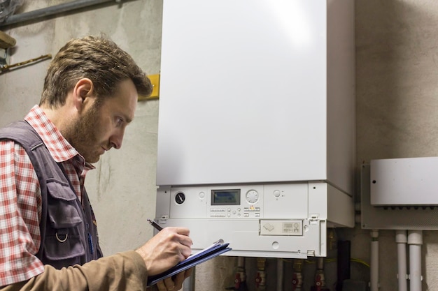 Foto plomero con el tablón de recortes inspeccionando el sistema de calefacción