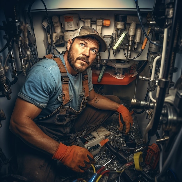 Plomero trabajando en un servicio de reparación de tuberías de baño