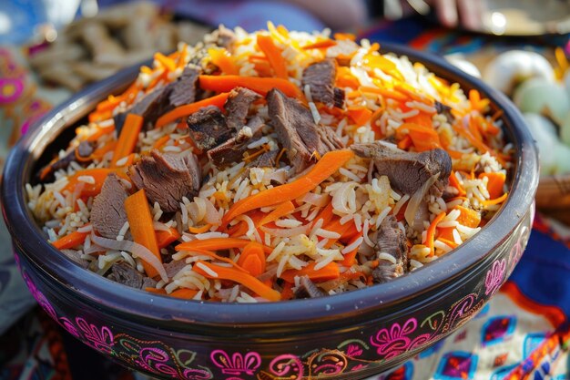 Foto plov um prato tradicional uzbeque com arroz salgado e cenouras de carne macia servido para o nowruz