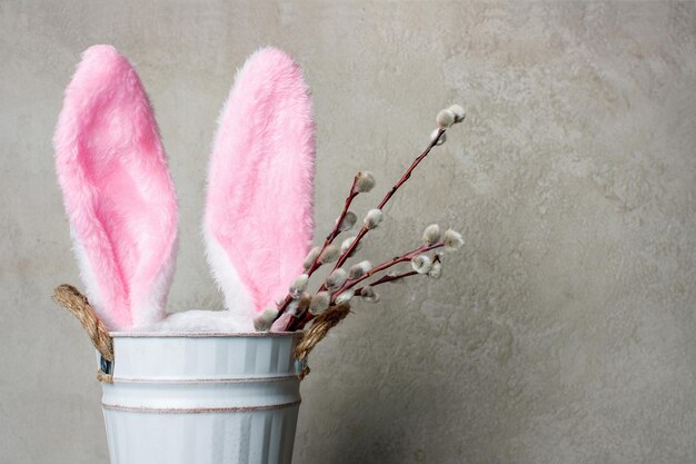 Plüschkaninchen mit rosa Ohren und Weidenzweigen in einem weißen Eimerkopienraum