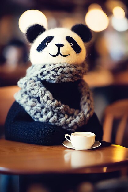 Plüschpanda im Strickschal sitzt mit einer Tasse Kaffee am Tisch in einem gemütlichen Café