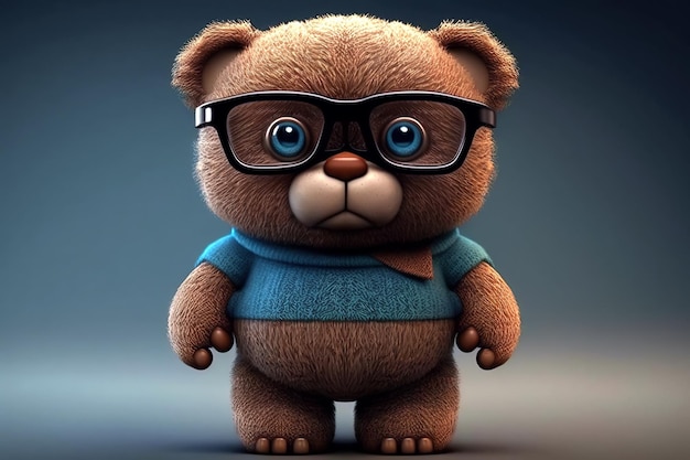 Plüschtier süßer Teddybär mit Brille auf blauem Hintergrund Generative KI-Illustration