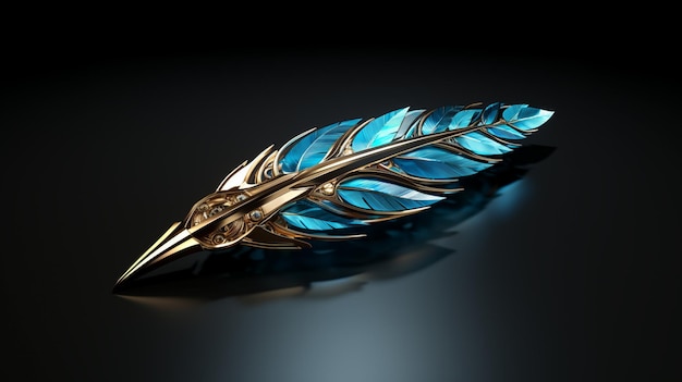 Pluma 3d con oro y azul al estilo de reflejos cromados.