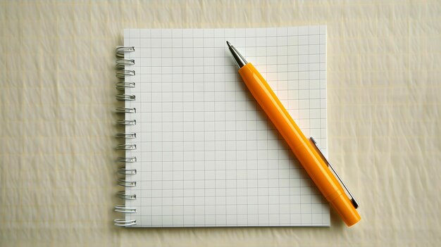 Pluma amarilla brillante en un cuaderno de cuadrícula en blanco para la planificación conceptual de la escritura y la educación de estilo simple y limpio AI