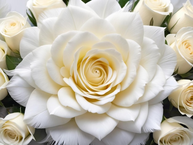 Una pluma blanca delicadamente colocada en el centro de un arreglo circular de rosas blancas