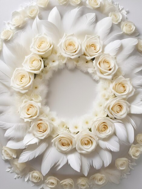 Una pluma blanca delicadamente colocada en el centro de un arreglo circular de rosas blancas