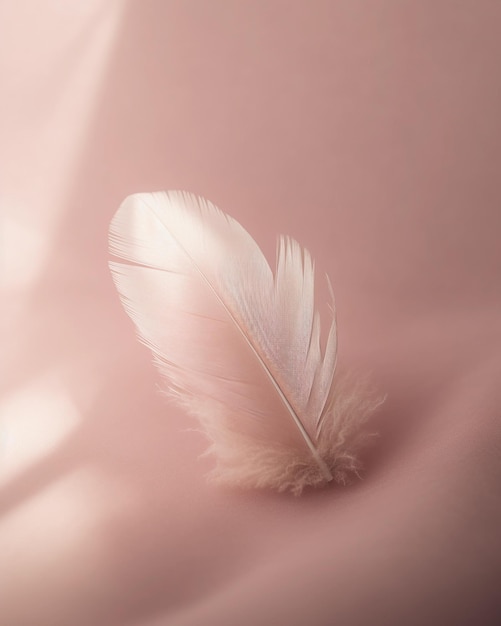 Una pluma blanca está sobre un fondo rosa.