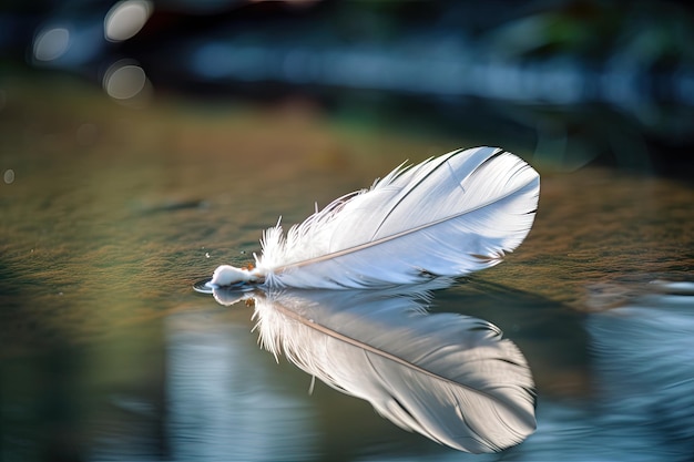 Pluma blanca flotando en un lago cristalino