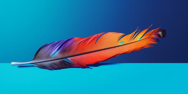 Una pluma con colores naranja y violeta está sobre un fondo azul.